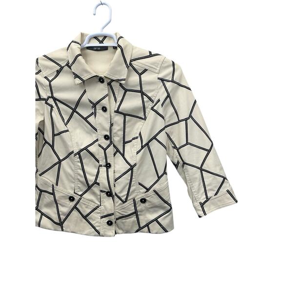 Perse Abstract Print Jacket Ivory Black Button Down 3/4 Sleeve Blazer Size 8 - Picture 2 of 16